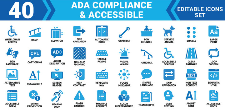 Ada compliance and accessible editable vector icon set mega collection of 40 accessibility symbols