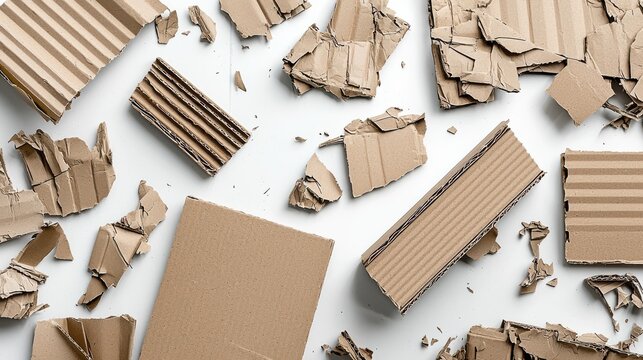 Corrugated cardboard texture fragments scattered naturally on white background creating organic pattern of recycled brown packaging material pieces for design