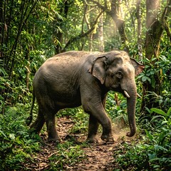 Fototapeta premium Asian Elephant Walking Through Tropical Forest