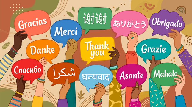 Diverse Hands Holding Speech Bubbles with 'Thank You' in Multiple Languages, Flat Vector Illustration Celebrating Global Communication and Gratitude, Colorful Graphic Design with Copy Space