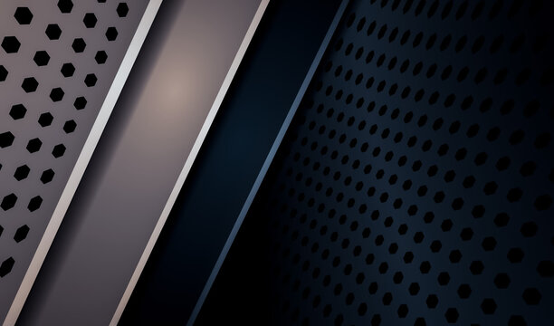 Futuristic corporate tech presentation backdrop featuring overlapping dark metallic layers over a gray hexagon pattern layout