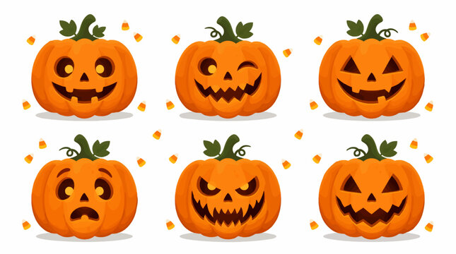Six Cartoon Jack-o'-Lanterns with Various Expressions Surrounded by Candy Corn, Flat Vector Illustration for Halloween