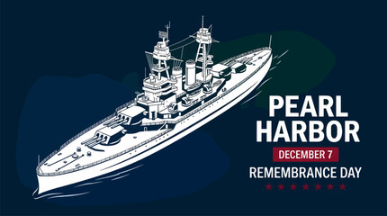 Graphic Silhouette of a Battleship on Dark Blue Water, Pearl Harbor Remembrance Day with Text and Stars, Vector Illustration © Rengga Entertainment
