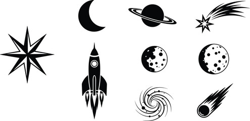 Space and astronomy silhouette icons set with rocket spaceship planets stars and flying comets © Shahidul