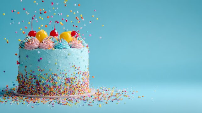 Colorful festive birthday cake, vibrant icing and decorative details on clean blue background, studio-style celebratory dessert close-up presentation