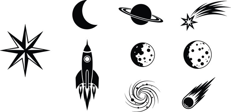 Space and astronomy silhouette icons set with rocket spaceship planets stars and flying comets