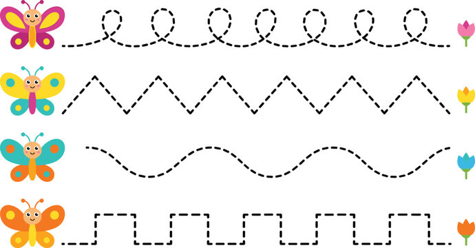 Cute butterfly tracing worksheet for kids with dashed line practice paths, preschool handwriting activity vector printable isolated on white background