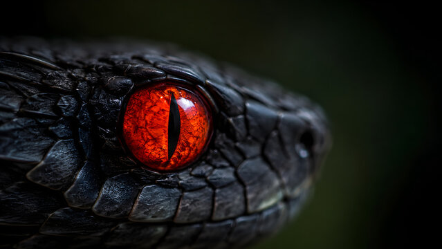 Macro shot of a black snake head with an intense red eye