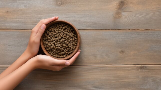 Hands holding a bowl of pet food, showing dedicated animal care, responsible feeding, and well being. Flat lay view on wood