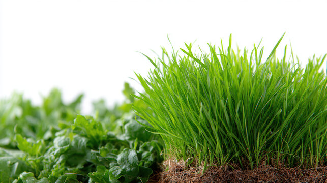 Closeup vibrant green grass and leafy border on white background for spring and easter banner design and seamless wallpaper