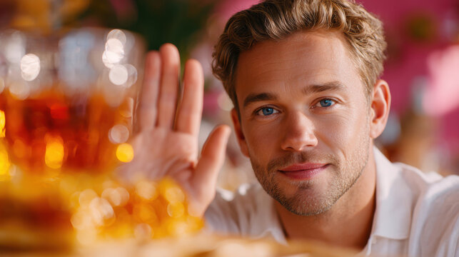 Young man refusing alcohol with raised palm near bar glass for wellness recovery banner and poster design