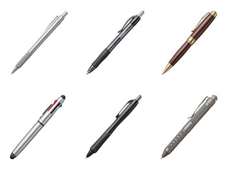 Fototapeta premium A professional photograph of six diverse writing instruments, including multi-color and tactical pens, isolated.