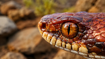 Obraz premium Macro view of a snake eye and textured scales in the wild