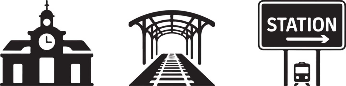 Black and white train station icons set with clock