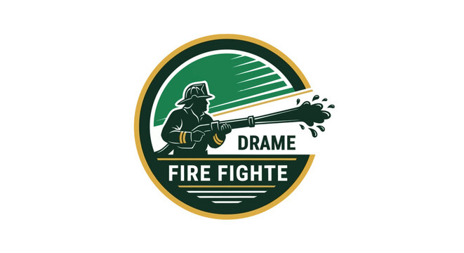 Firefighter emblem graphic showing a brave individual with a powerful hose. Symbolizing emergency services, courage, and vital fire protection