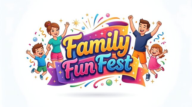 Happy cartoon family celebrating together with colorful text family fun fest illustration isolated