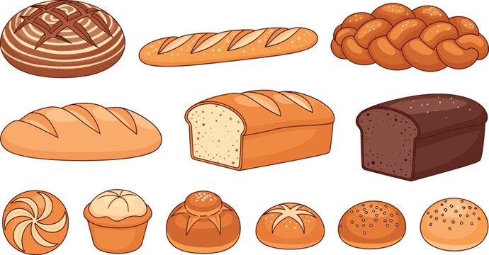 Assorted Bakery Bread Icon Set Vector Illustration Featuring French Baguette Sourdough Rye Loaf Challah Braided Pastry and Diverse Dinner Rolls