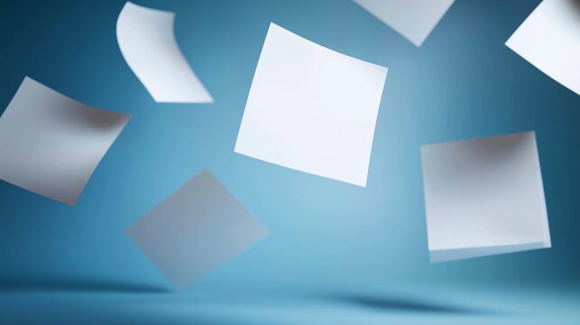 Floating white paper sheets creating a dynamic composition against a vibrant blue background, symbolizing ideas and innovation