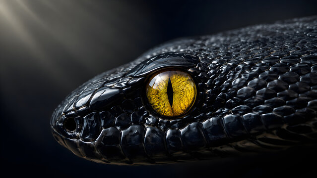 Close up of a black snake head with vivid yellow eye