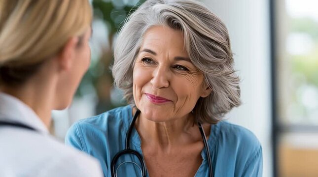 Senior woman talking with healthcare professional during medical consultation, positive patient experience, preventive care and healthy aging concept