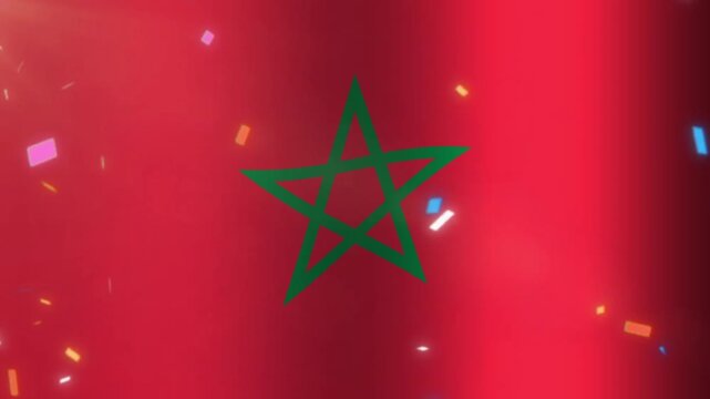Moroccan Flag Waving with Confetti Celebration.