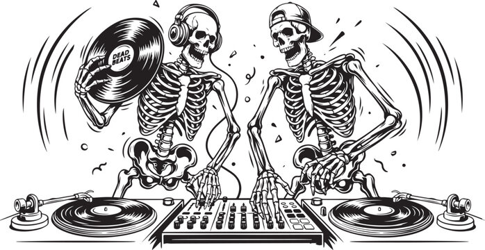 Skeleton djs mixing music on turntables
