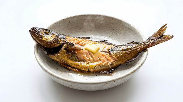 Traditional Scottish Arbroath Smokie (smoked haddock) with melting butter in a rustic bowl, isolated on white background