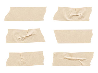 A set of six unique light brown masking tape pieces, characterized by distinct creases and torn edges.