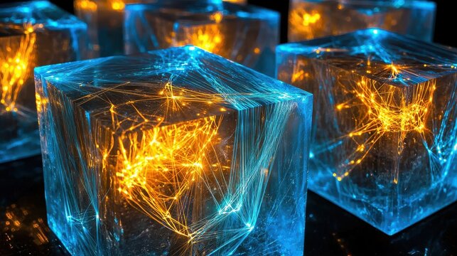 Macro fiber paths illuminated optical threads transparent polymer blocks golden yellow cyan light pathways dimensional depth perspective