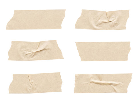 A set of six unique light brown masking tape pieces, characterized by distinct creases and torn edges.