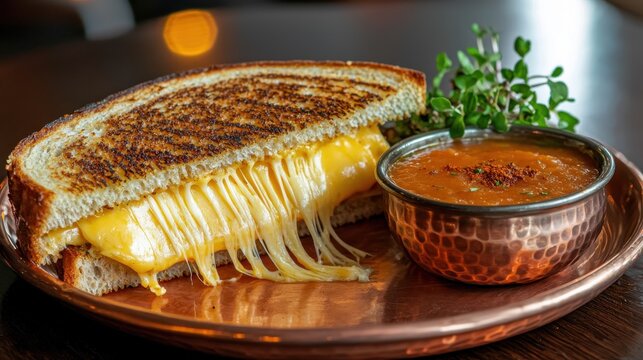 Premium aged cheddar grilled cheese sandwich with dramatic cheese pull on copper plate, artisan sourdough bread, tomato bisque soup, upscale restaurant presentation