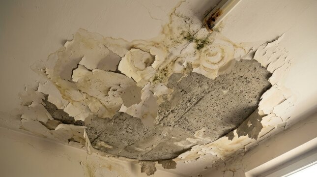 Water damaged ceiling with peeling paint exposing the concrete underneath