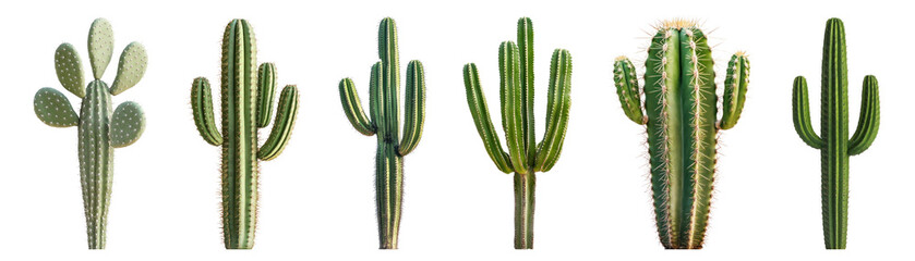 Fototapeta premium Variety of vibrant cacti silhouettes, png set on transparent background