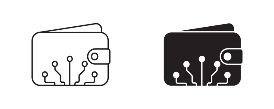 Cryptocurrency Wallet Icon Set in Outline and Solid Style, Vector Illustration
