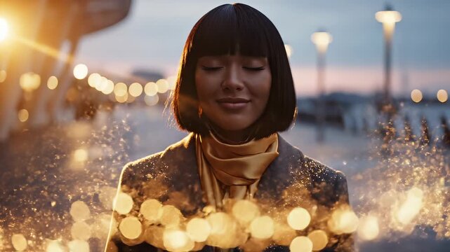 Woman smiles with golden sparkles floating at sunset on city street. Person enjoys sparkle particles during golden hour. Lady with glitter effect smiles at sunset. Woman surrounded by golden sparkles.