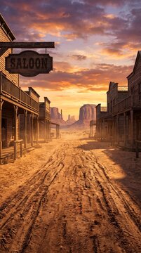 Abandoned wild west pioneer settlement showing dusty street and rustic wooden saloon under sunset.