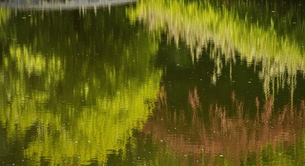 Obraz premium Abstract Reflection of Green and Brown Foliage on Still Water Surface