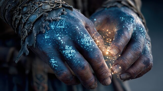 Enchanted hands with glowing symbols and mystical sparkles