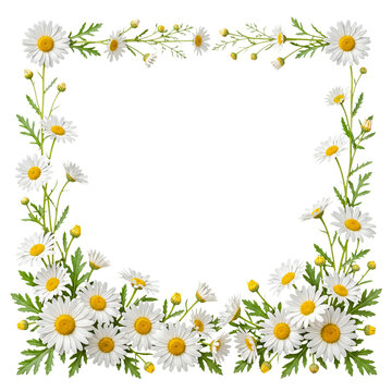 Bright white daisy flowers with yellow centers and green leaves arranged in a charming square frame on transparent.