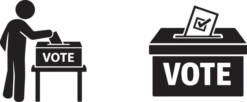 Voting process icon with four voters in booths and central ballot box. Election vector illustration.