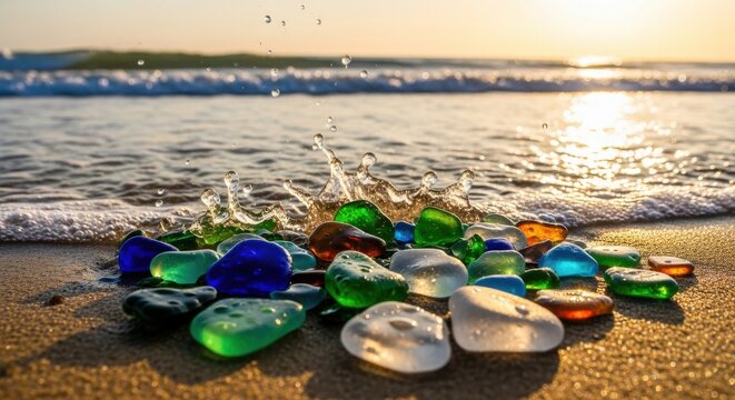 Colorful sea glass tumbled by gentle waves on a sandy beach at sunrise