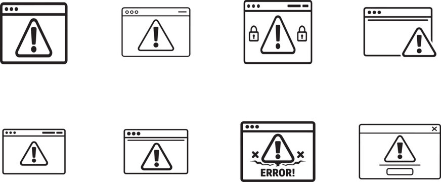 Web page alert window icon set with warning triangle and exclamation mark in eight distinct styles.