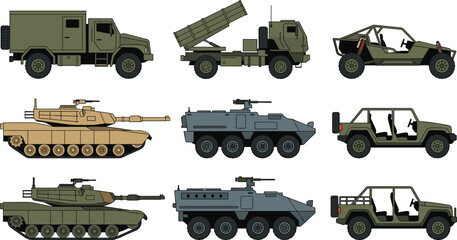 Military Vehicles and Armored Machinery Vector Icon Set with Tanks Rocket Launchers APCs Tactical Jeeps and Offroad Buggies for Combat Strategy Game UI Designs © Ismail