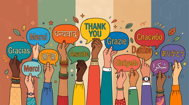 Diverse Hands Holding Speech Bubbles with 'Thank You' in Multiple Languages, Flat Vector Illustration, Concept of Global Gratitude and Communication
