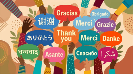 Diverse Hands Holding Speech Bubbles with "Thank You" in Multiple Languages, Flat Vector Illustration © Zidan