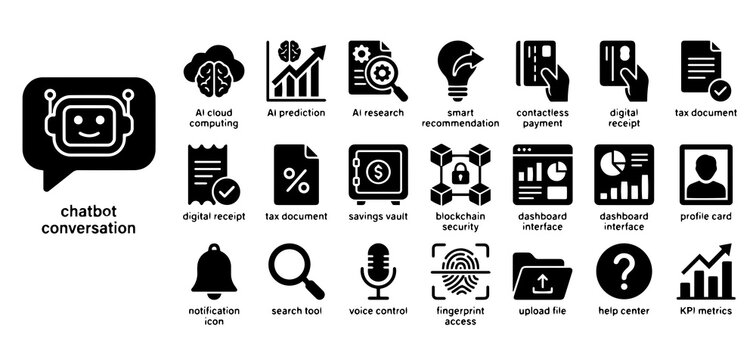 Collection of black representing artificial intelligence, cloud computing, financial analytics, security, and digital services
