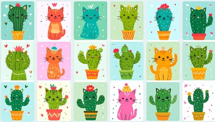A colorful pattern of cartoon cats and cacti in pots with decorative backgrounds
