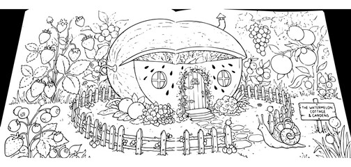 Intricate black and white coloring page of a whimsical watermelon cottage surrounded by a lush garden with berries and a snail © md razab 1122