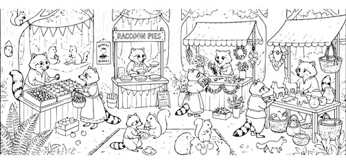 Obraz premium Raccoon market stalls in a forest pies, crafts, and produce to woodland animals in a detailed black and white line