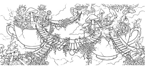Whimsical fairy tale scene featuring tea cup houses connected by wooden rope bridges with mushrooms, flowers, and fairies in a magical garden © md razab 1122